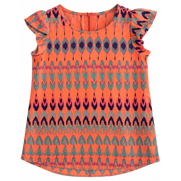Shrinking Violet Other - Shrinking Violet Neon Orange Ikat Print Cap Sleeve Top